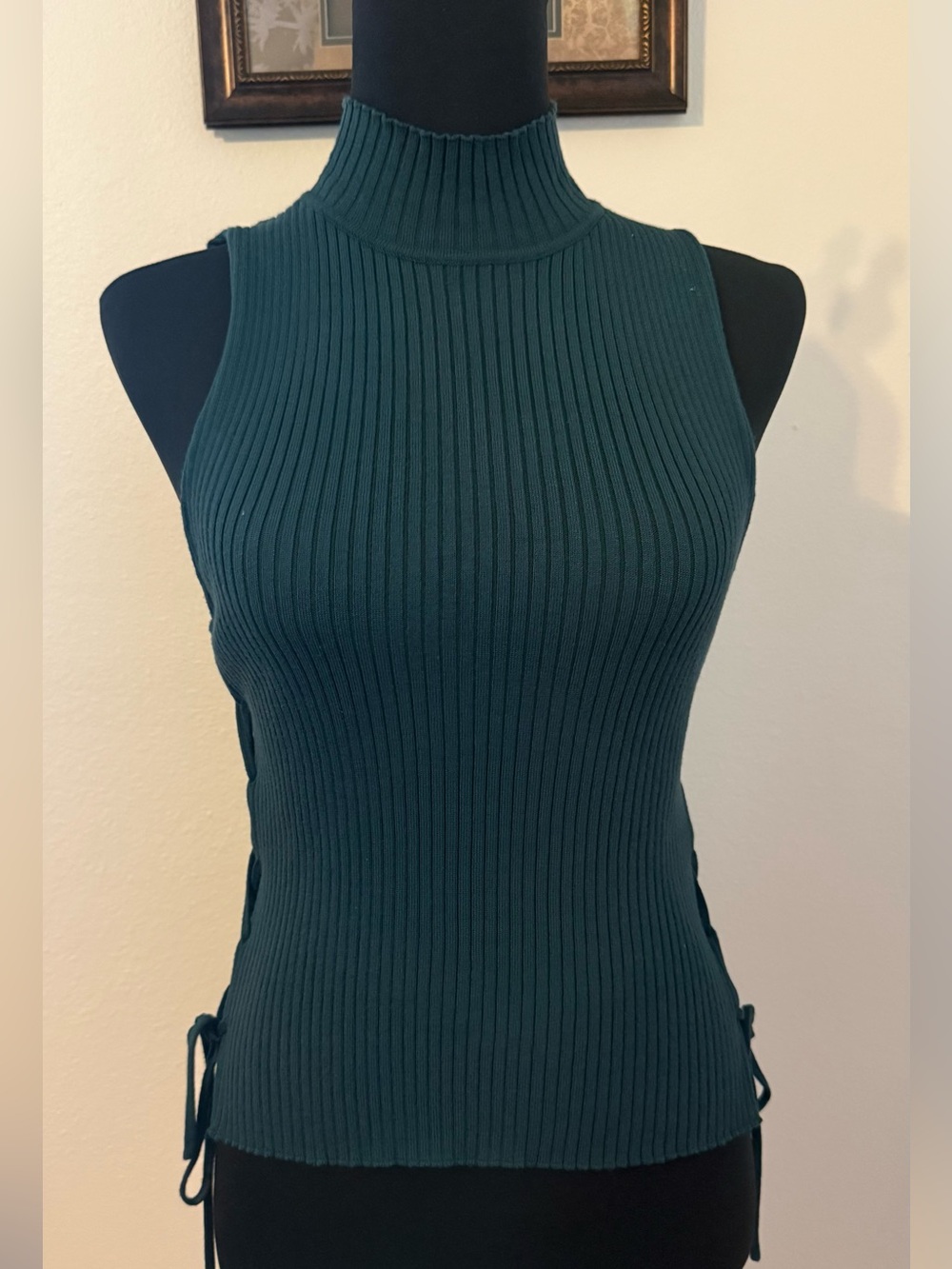 AMARO Teal Ribbed Knit Halter Top – Lace-Up Side – Size XS